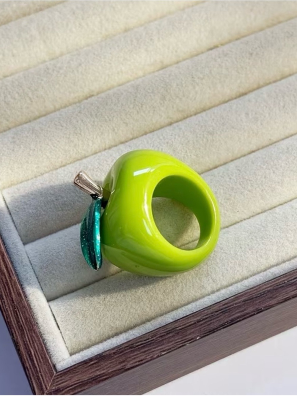Glossy Lime Green Apple Ring with Glitter Leaf